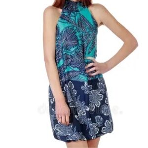 ZARA High Neck Sleeveless Satin Floral Mini Dress in Blue
